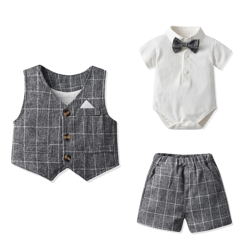 New british style boys' summer short-sleeve outfit: plaid vest suit for kids, perfect for baby's first birthday or special occasion