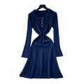 Celebrity niche styleclassy sense lapel fungus edgepatchworklong sleevesknittingdress women's autumn waist slimming looksweater skirt