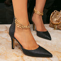 High-heeled sandals black fashion high-heeled women's shoes stiletto heel matching metal chain fashion pointed toe high-heeled sandals
