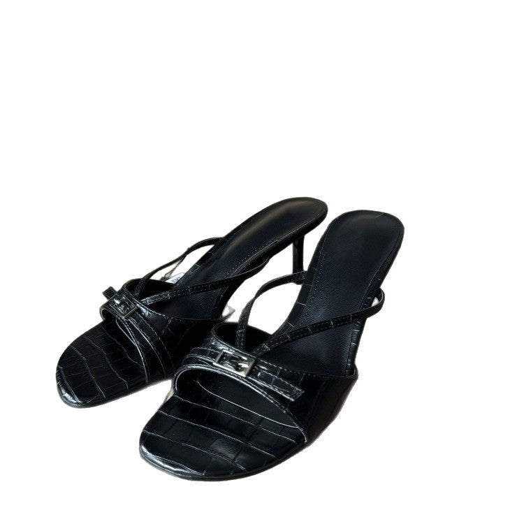 Spanish 2025 summer new arrivals: buckled, embellished, round-toe stiletto sandals - vintage black buckle thong sandals