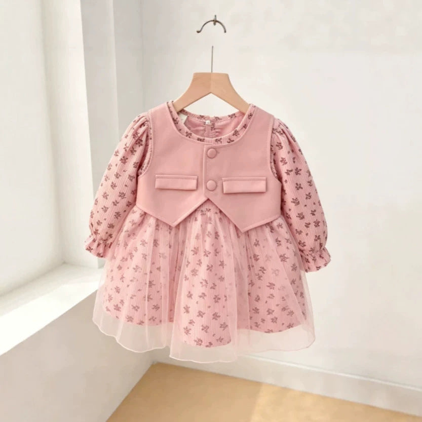 Girls' long-sleeve dress - spring/autumn  new collection - princess style long-sleeve tulle dress with vest overlay (two-piece look)