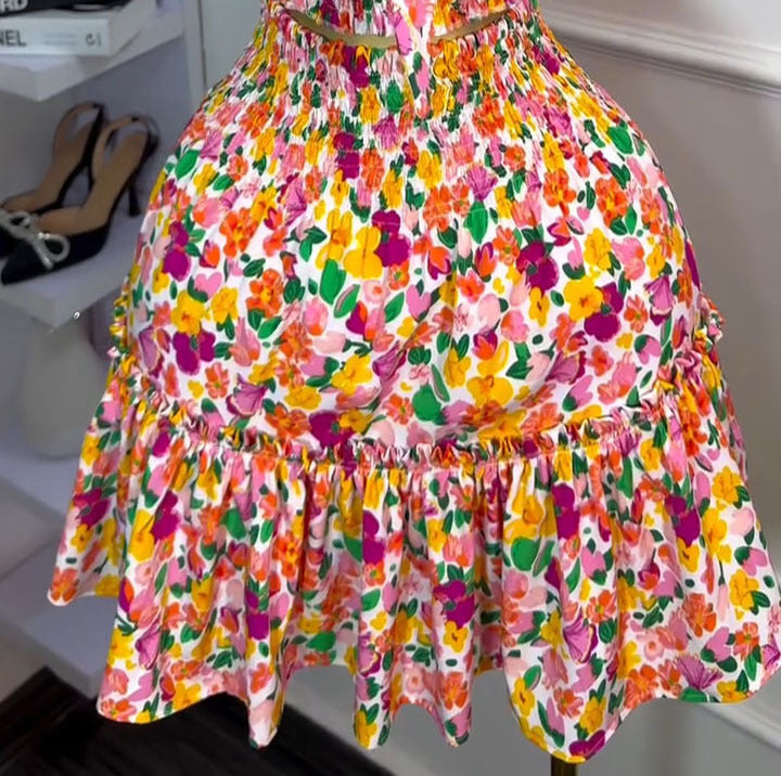 Printed floral shirred waist bow tie sexy european and american african  set skirt and top