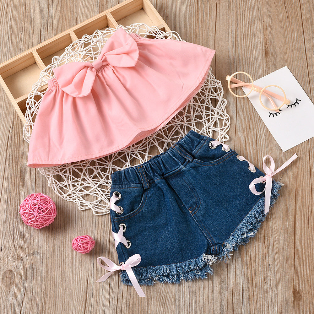 newborn children's wear: european and american style solid color bowknot bandeau top and tie-waist denim shorts two-piece set