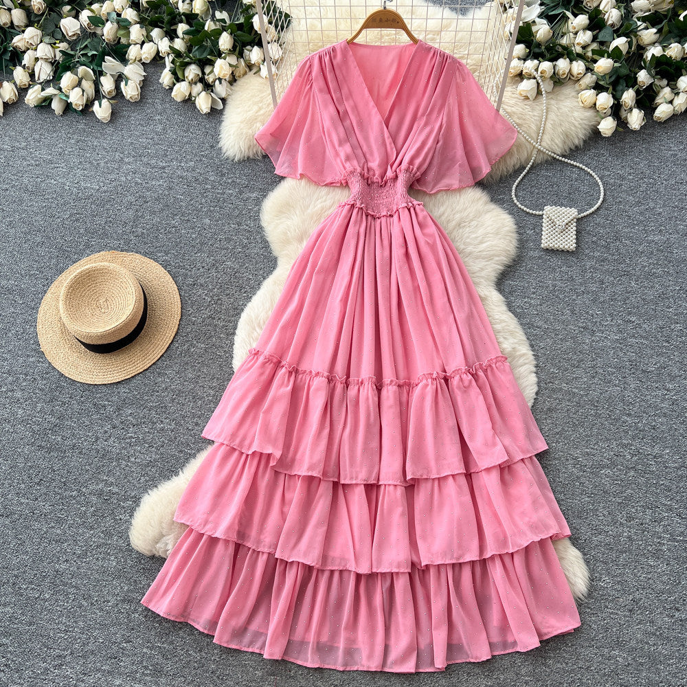 Frenchv neck red polka dot elegantdress women's summer waist slimming look a-line cake skirt dopamine style