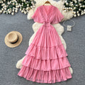 Frenchv neck red polka dot elegantdress women's summer waist slimming look a-line cake skirt dopamine style