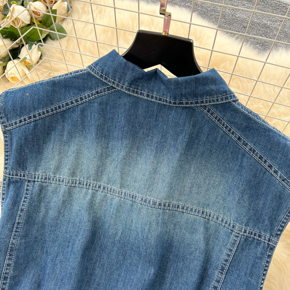 European and american hot girl retro denim set - women's summer sleeveless shirt + high-waisted slit maxi skirt