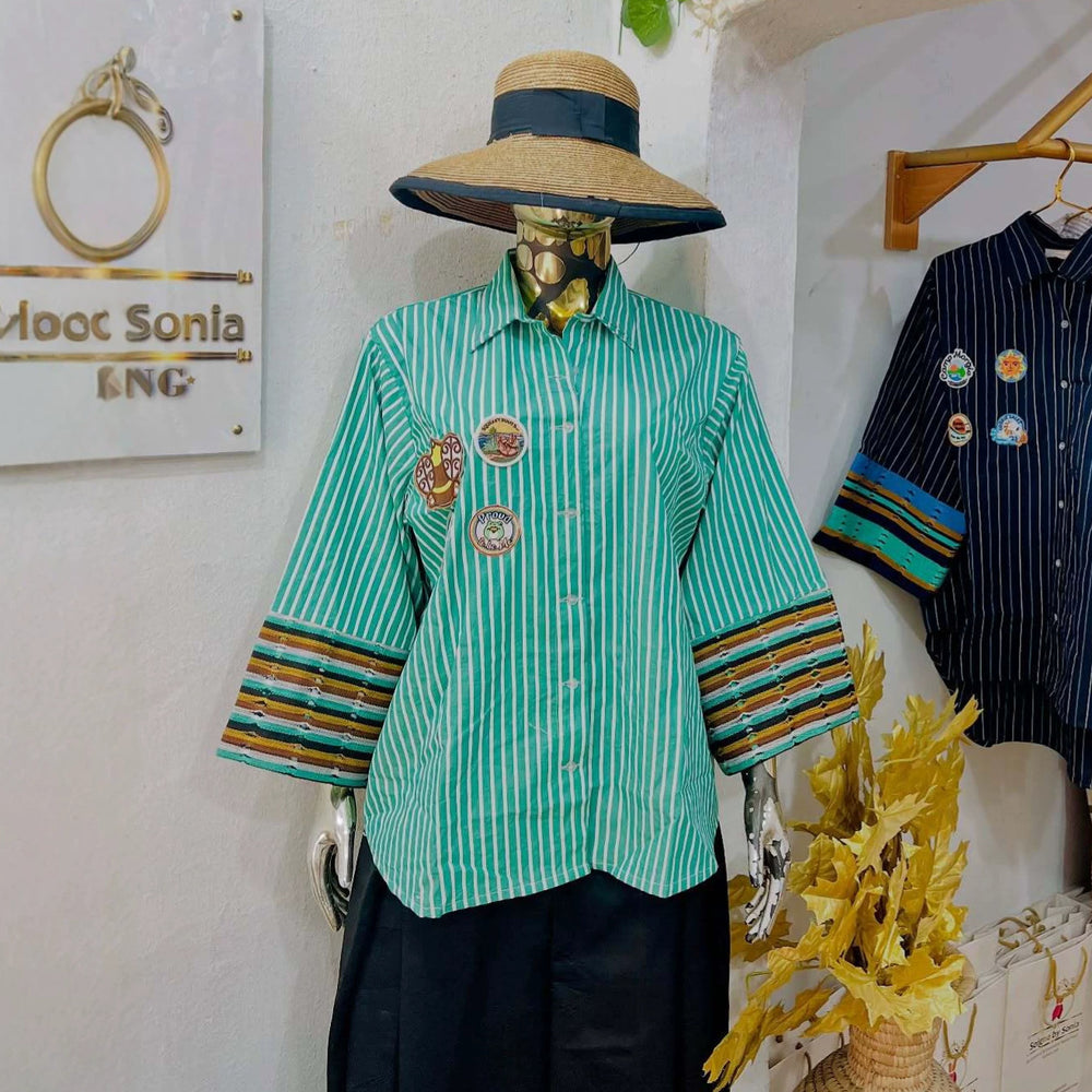 European and american cross-border women's fashion:  summer new arrival - stylish and elegant turn-down collar, loose fit, plus size, striped patchwork shirt top