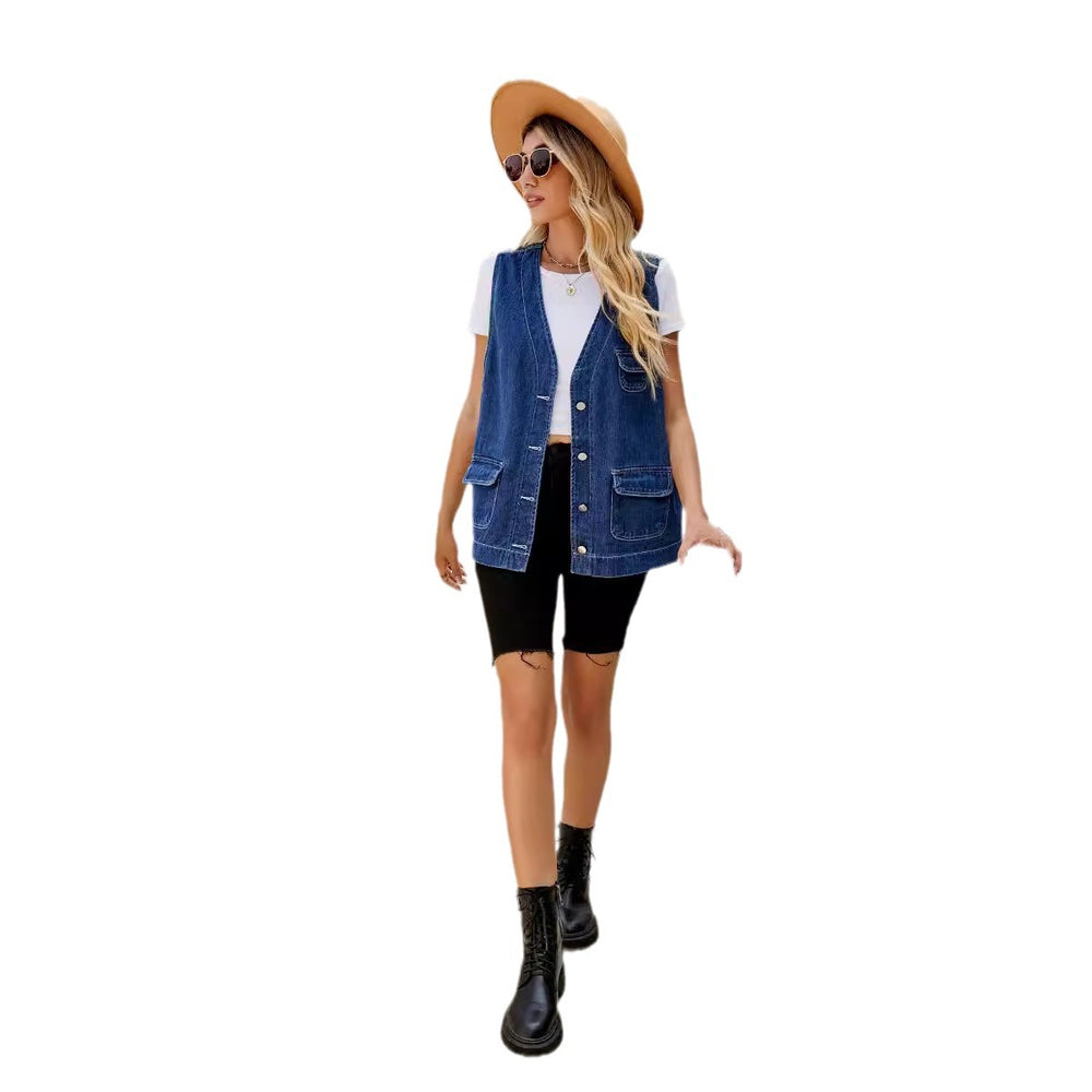 Fashion cross-border  new denim vest vest multi-pocket stylish  spring & fall washed waistcoat for women
