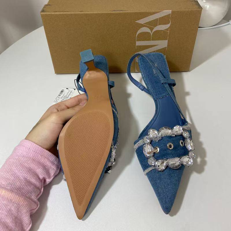 Za high heels women's 2025 new pointed toe blue denim women's shoes rhinestone square buckle decorated stiletto fashion sandals women