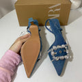 Za high heels women's 2025 new pointed toe blue denim women's shoes rhinestone square buckle decorated stiletto fashion sandals women