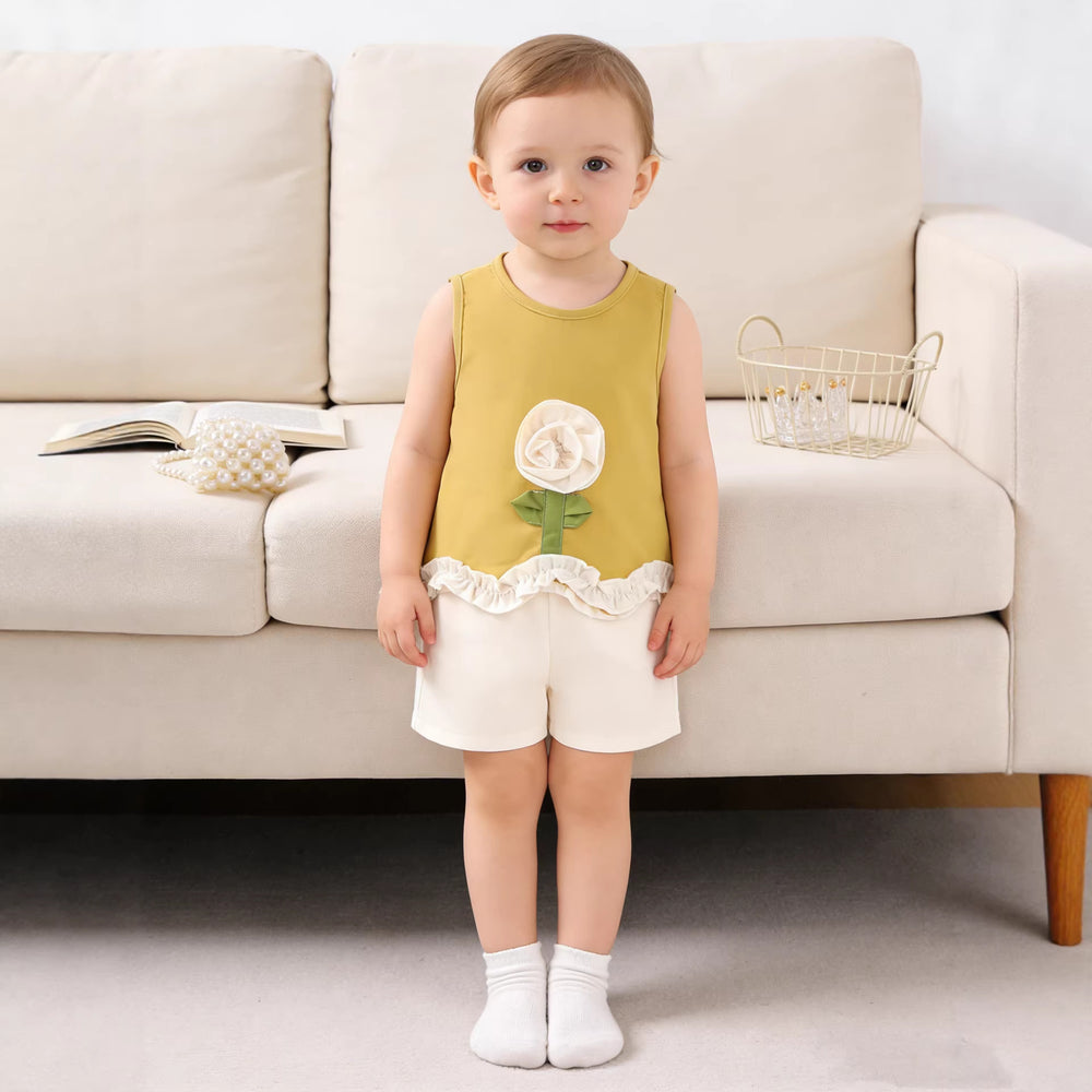 Girls'  summer new arrival: yellow 3d floral sleeveless high-end lace skirt and shorts two-piece set