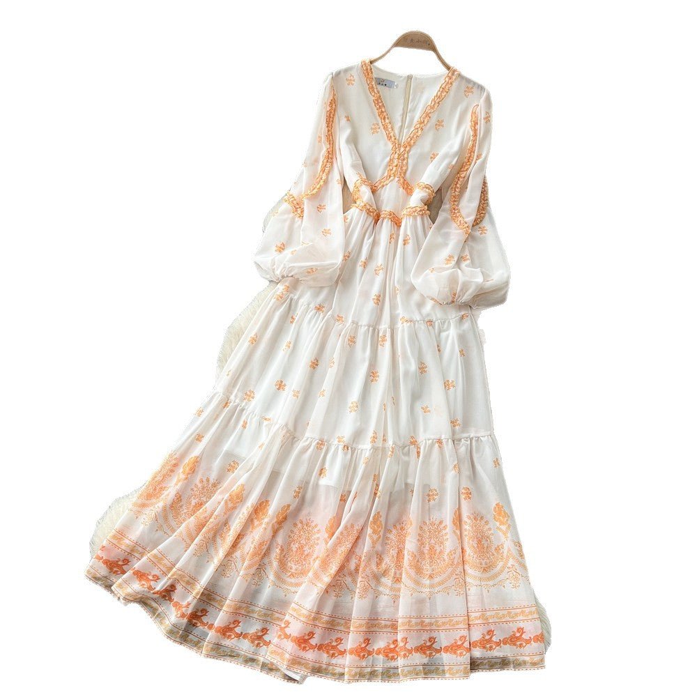 French chic floral slim-fit dress - women's long sleeve v-neck high waist a-line romantique pink plus size maxi dress