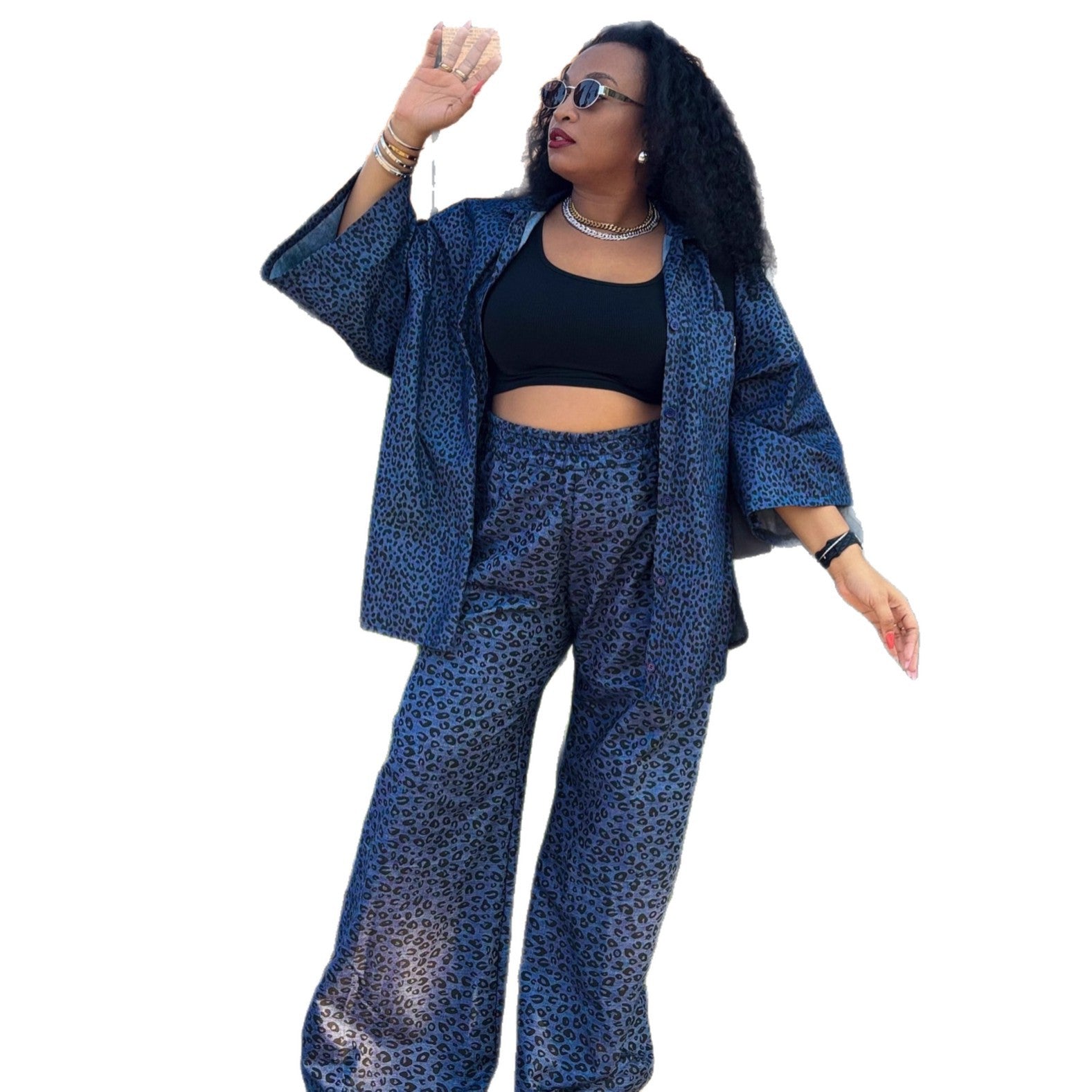 European and American large-size casual women's clothing set cardigan leopard print shirt wide-leg trousers African loose new two-piece set women