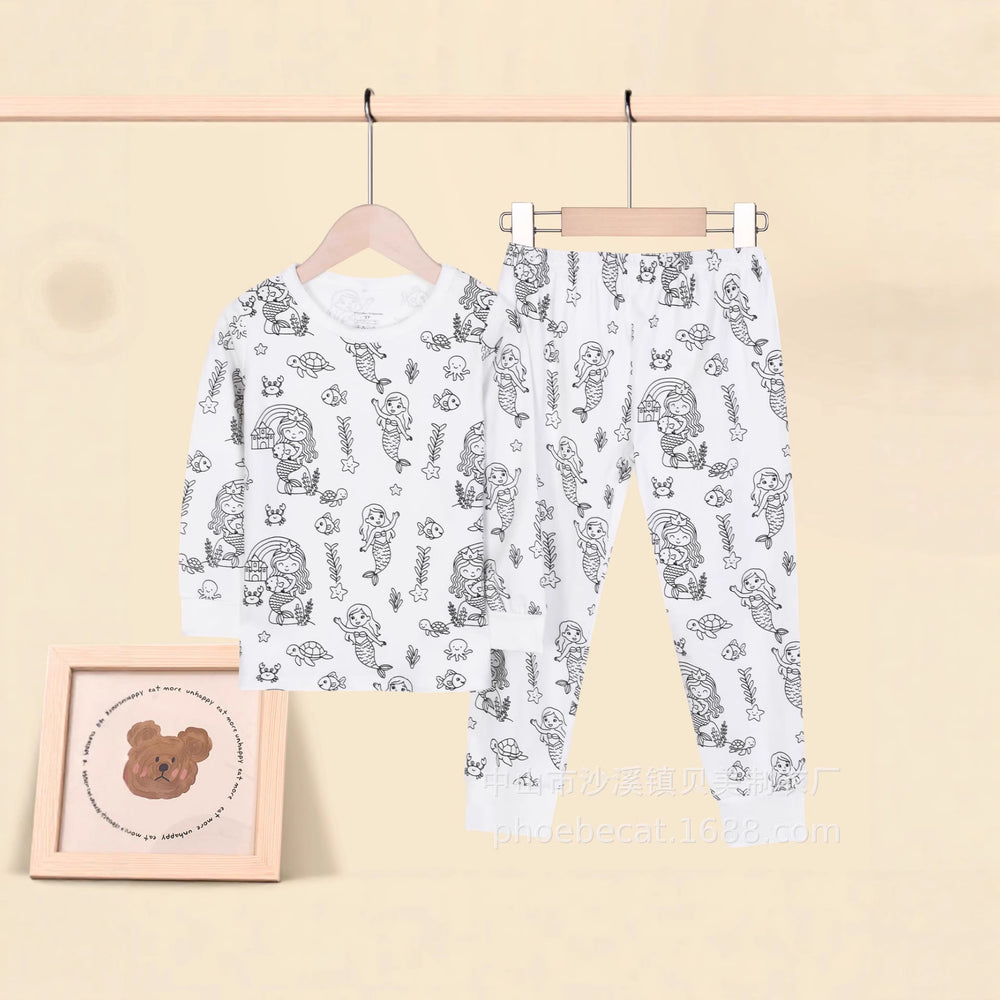 Class a cotton kids home wear suit boys and girls youth graffiti autumn clothes and long trousers close-fitting in stock wholesale