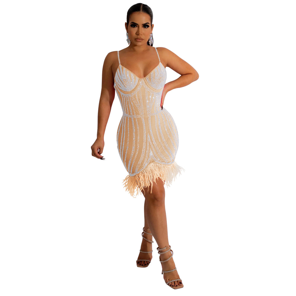 C6156 cross-border   fashion women's sleeveless bandeau dress with hotfix rhinestones and feather straps