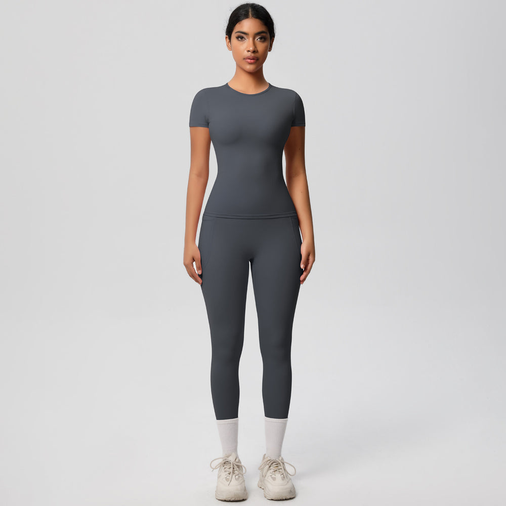 European and american solid color nude feel brushed short-sleeve yoga top and high-waisted butt-lifting fitness leggings quick-dry running workout set