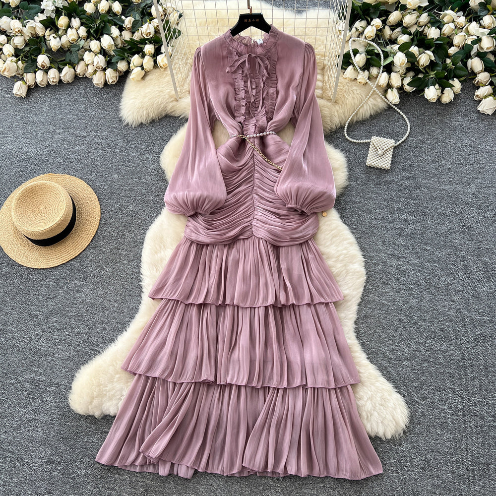 French dress women's  new arrival high-end lace patchwork cinched waist lantern sleeve ruffle hem long evening gown
