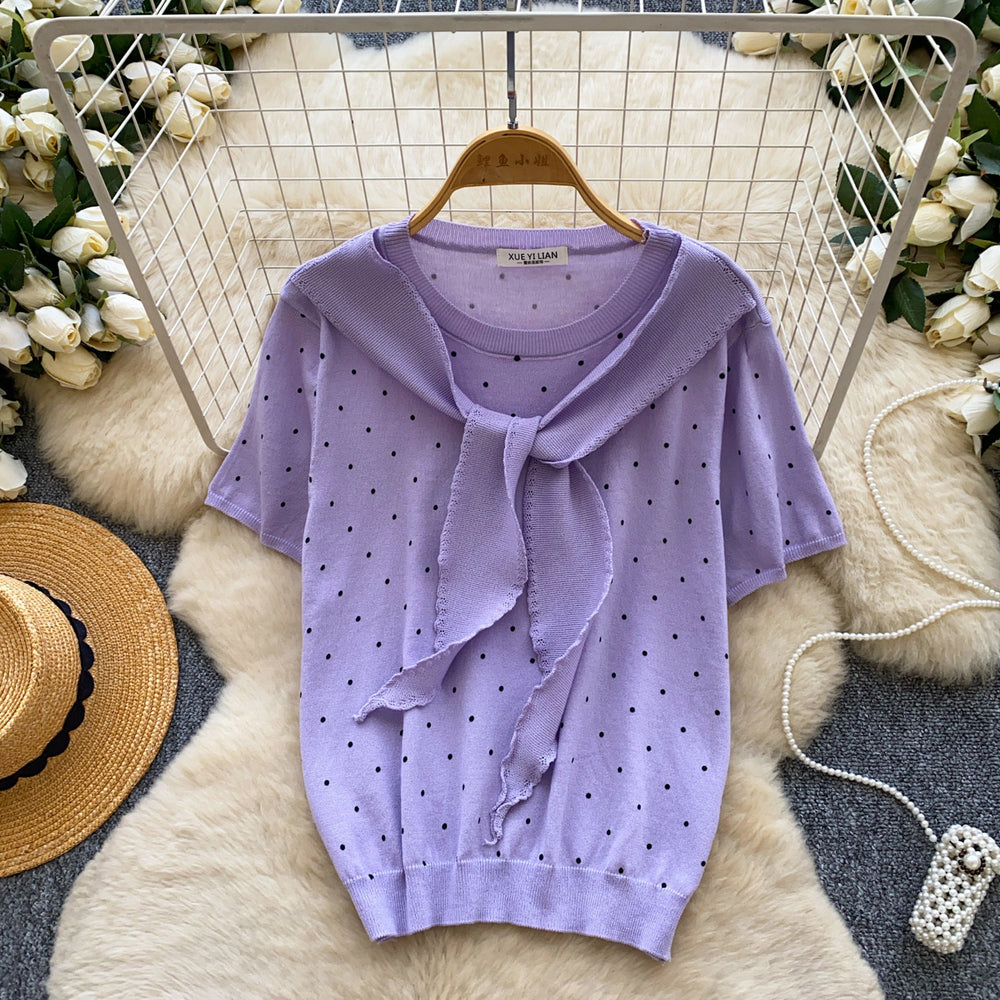Korean style ribbon hollow-out polka dot knit top - women's summer, skin-friendly, breathable, short sleeve, v-neck, slimming, versatile, and youthful top