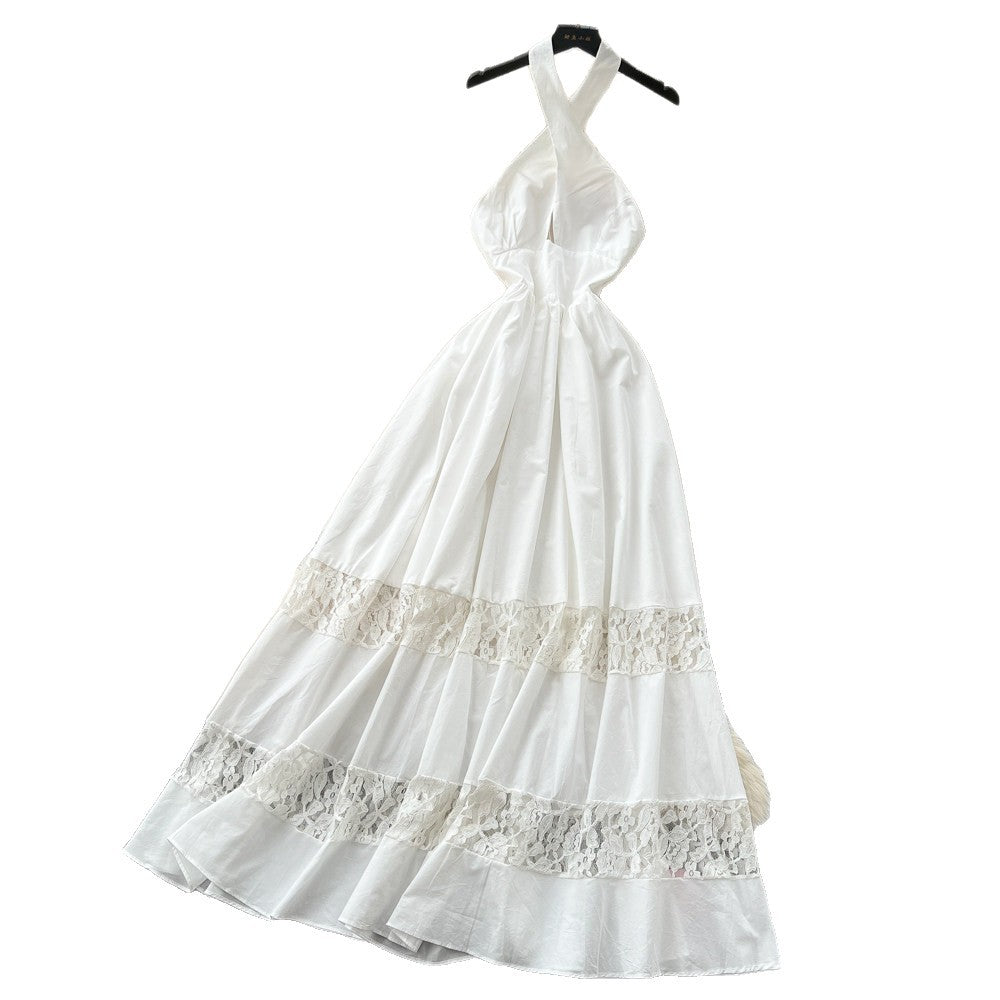 French riviera style white lace trim halter dress - high waist a-line maxi dress for a chic and alluring look
