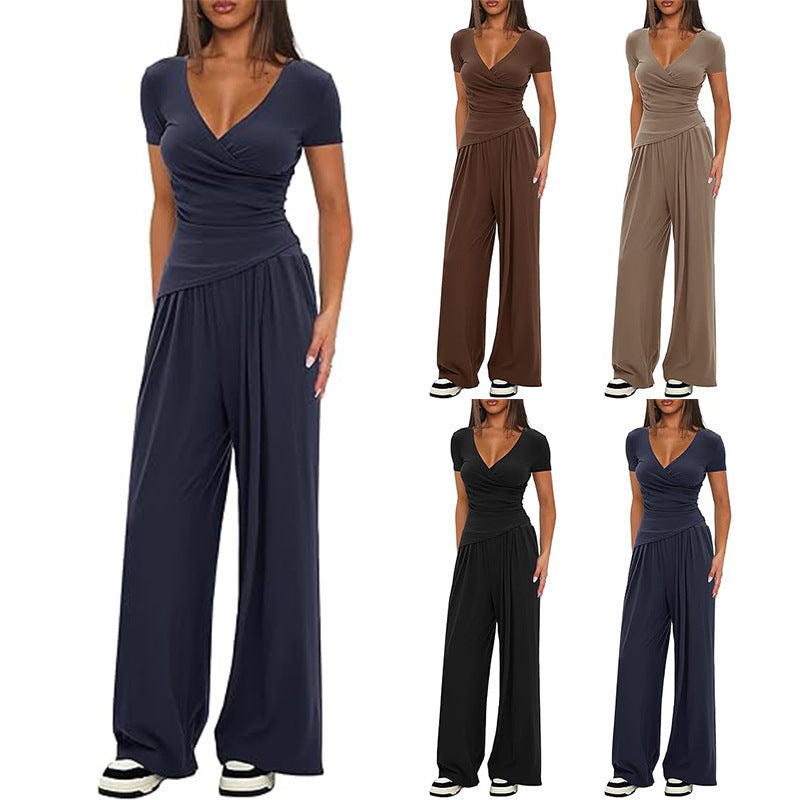Amazon cross-border pure color 2-piece casualsuit warp knitted v neck short-sleeved loose pantscasualmatching sports suit