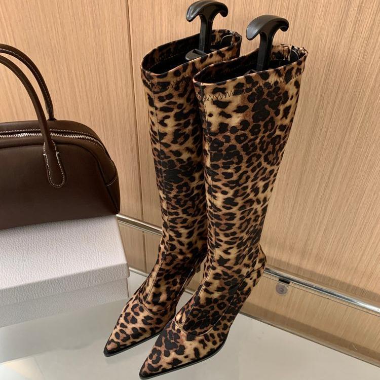 fall/winter new collection pointed-toe stiletto heel fashion runway leopard print over-the-knee boots high boots women's boots high heel single boots