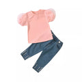 European and american style cross-border children's summer outfit: solid color sweet bubble sleeve lace top with beaded open-pocket denim pants set