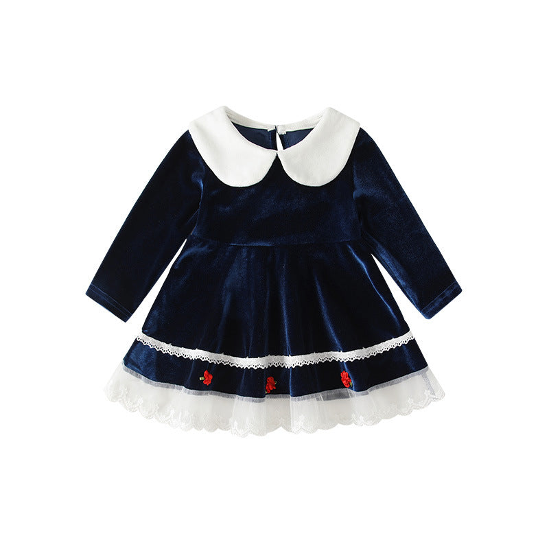 Baby girl dress autumn winter new girls' navy style peter pan collar embroidered princess dress first birthday party dress