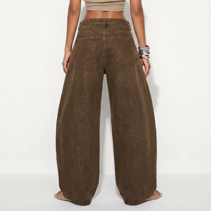 Women's casual loose bucket jeans with drawstring waist