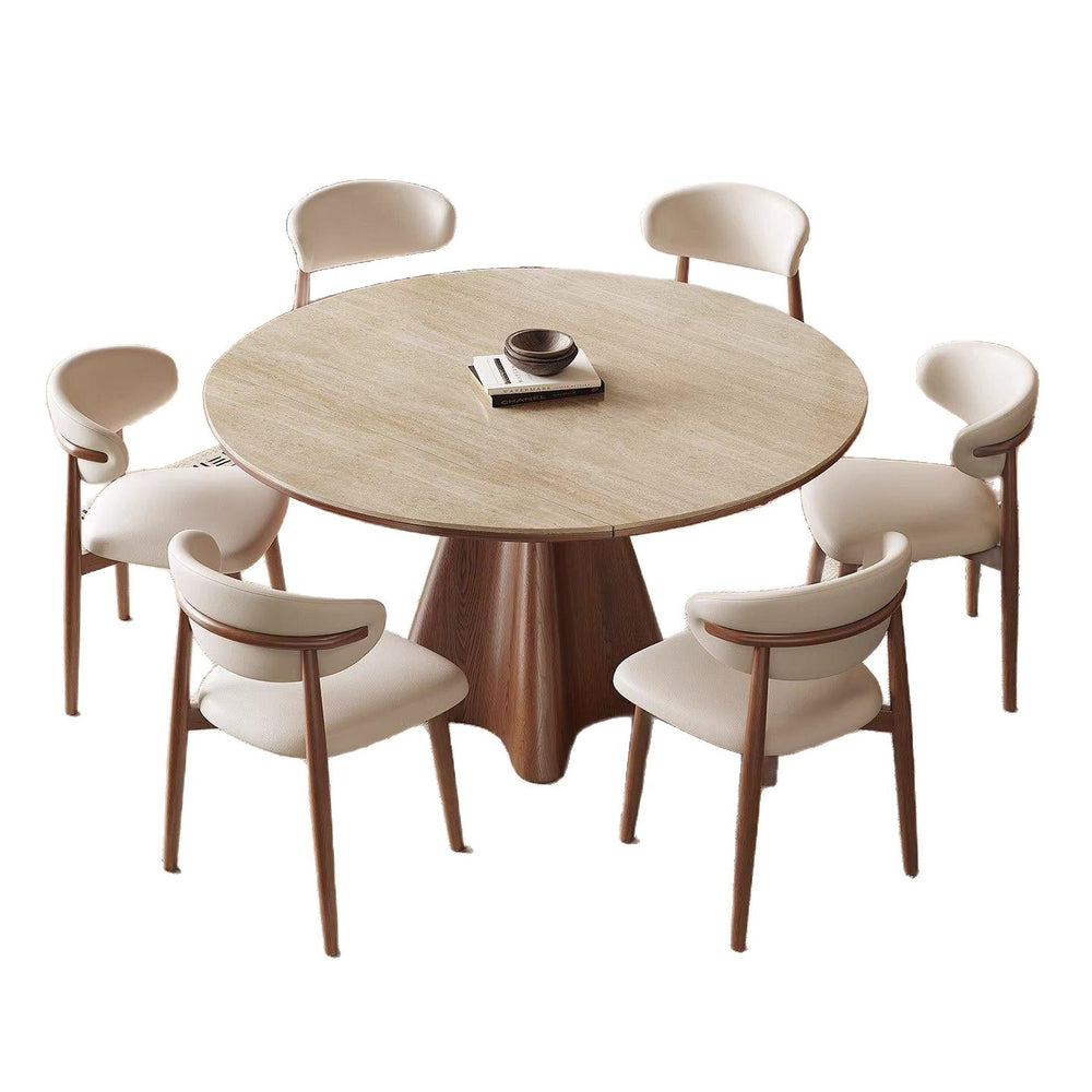 Vintage-style travertine rock slab extendable dining table and chairs - space-saving, foldable, round/square convertible retro round dining table for home use
