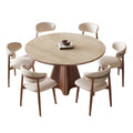 Vintage-style travertine rock slab extendable dining table and chairs - space-saving, foldable, round/square convertible retro round dining table for home use