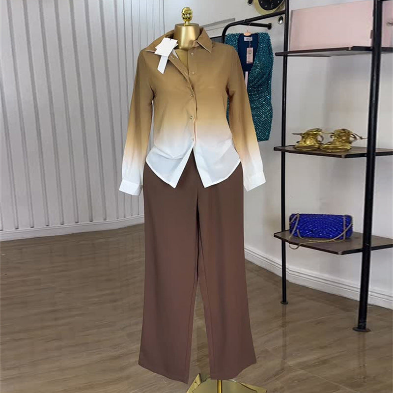 European and american women's clothing  autumn new collection: sweet and fresh gradient long-sleeve shirt and high-waisted straight-leg pants two-piece set