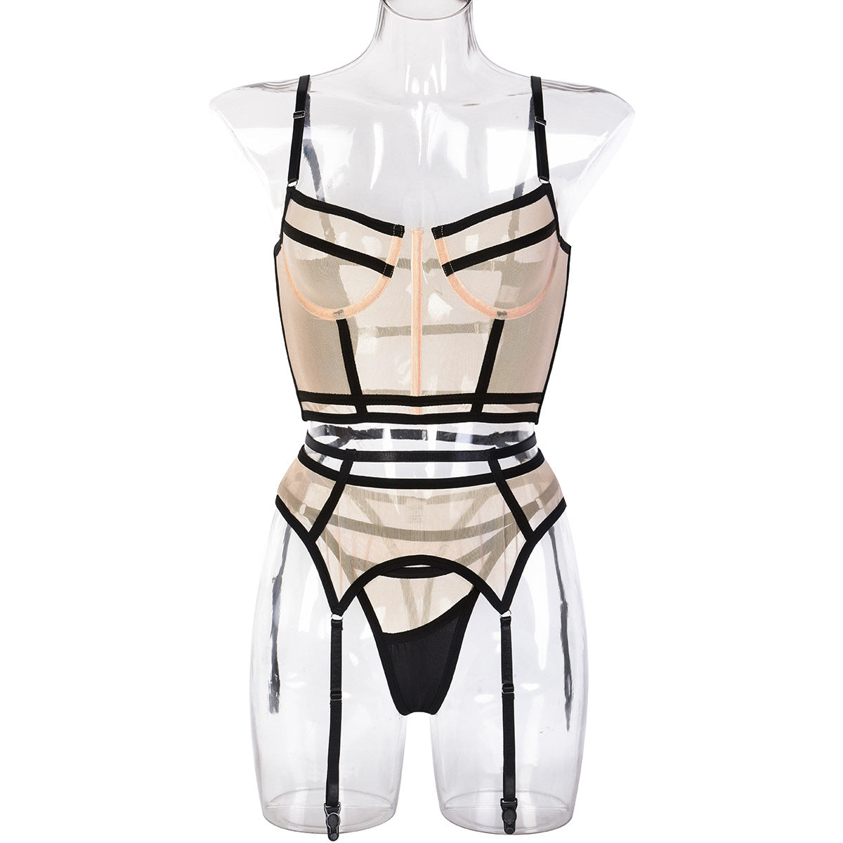 European and American fun three-piece set  autumn explosion skin tone mesh splicing glue bone high-end fun three-piece set