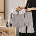 Kidssweaterfall and winter large fur collar hooded knittingcardigancasual lazy style pure color double flap pocket pantsloosesuit