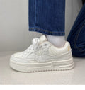 Niche chic distressed denim chunky sole bread shoes - women's trendy versatile skate shoes, height increasing student white sneakers