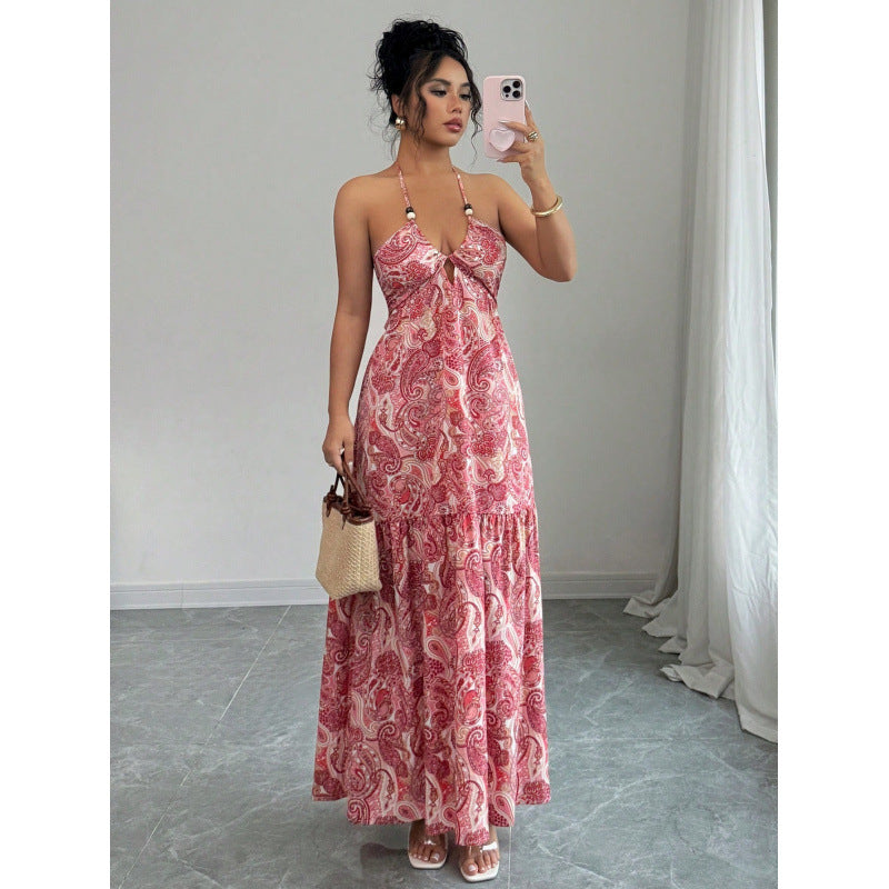 Women's halter neck backless bow tie waist long dress, perfect for vacation and casual wear, summer fashion apparel