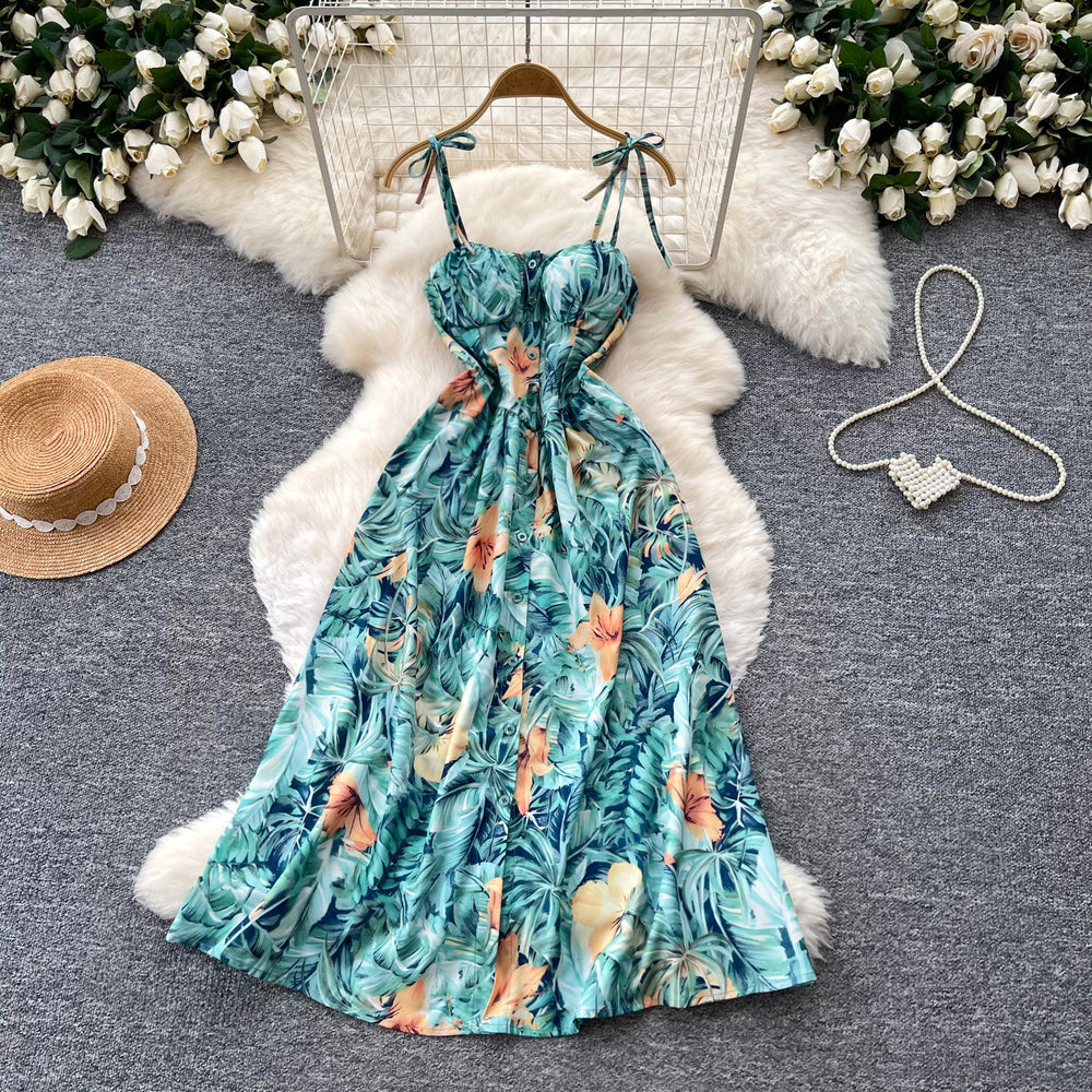 French-inspired floral print camisole dress for women, perfect for summer. korean style, sleeveless, high-waisted a-line silhouette, slimming and elegant maxi dress
