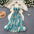 French-inspired floral print camisole dress for women, perfect for summer. korean style, sleeveless, high-waisted a-line silhouette, slimming and elegant maxi dress