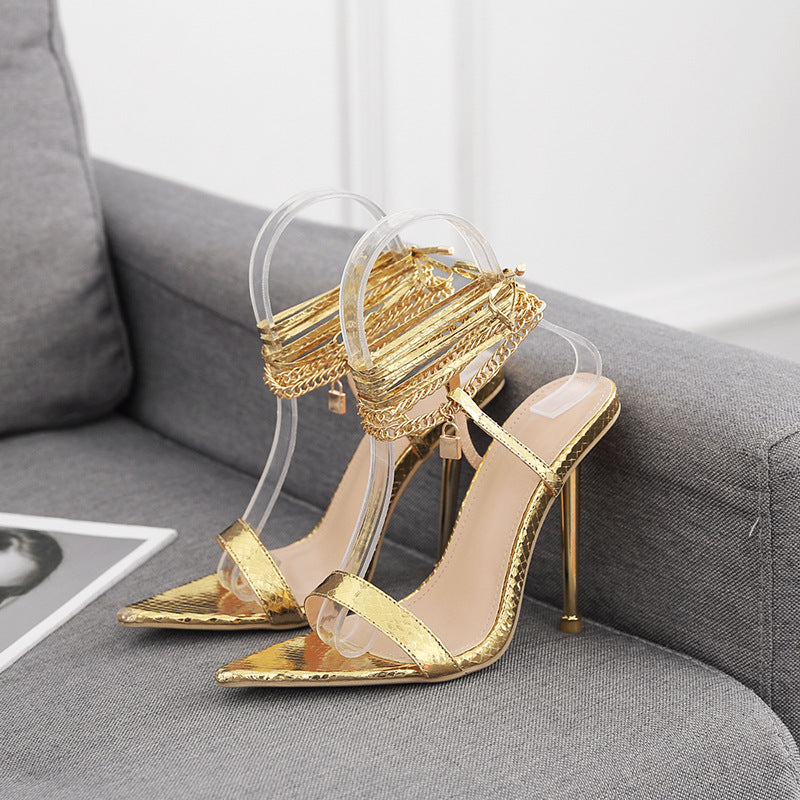 2025 european and american new design niche 12cm high heel socialite wrap-around sandals - gold power woman wine glass heel
