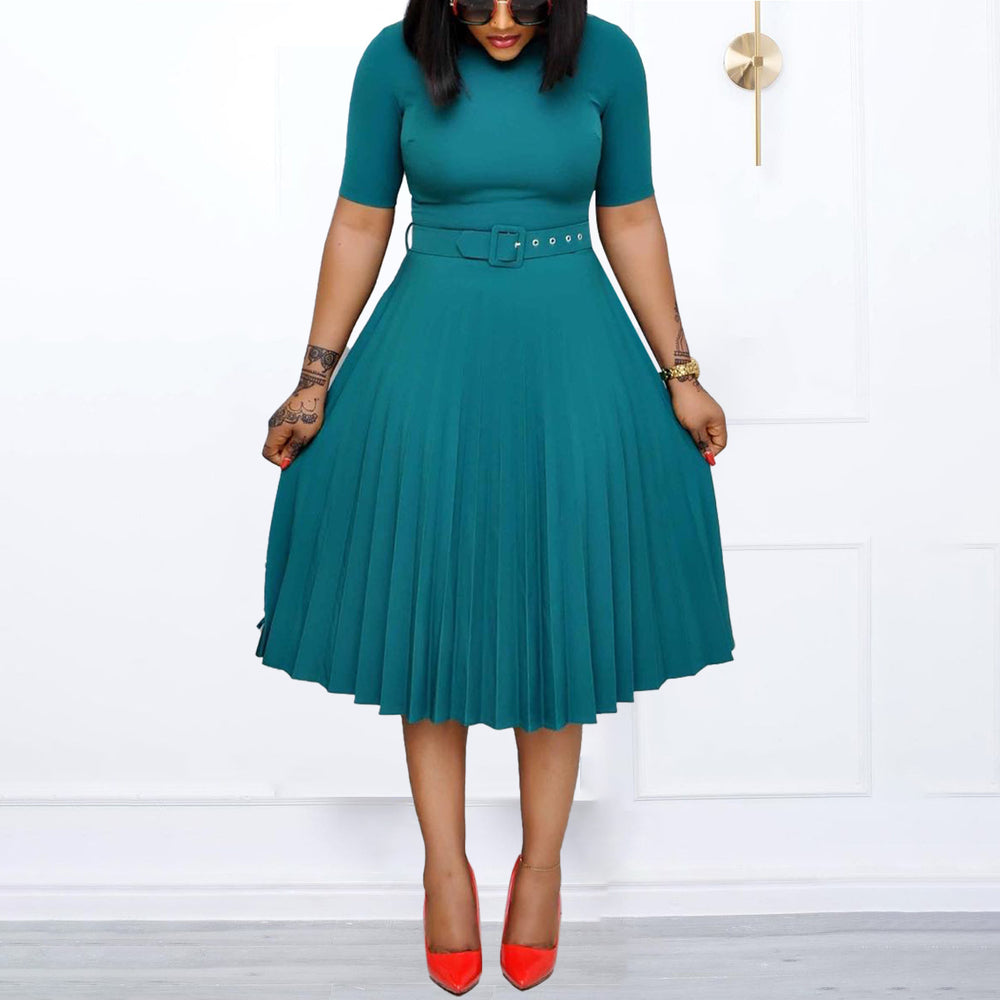 Belted european and american style new summer  round neck midi pleated skirt plus size african cross-border dress