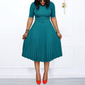 Belted european and american style new summer  round neck midi pleated skirt plus size african cross-border dress