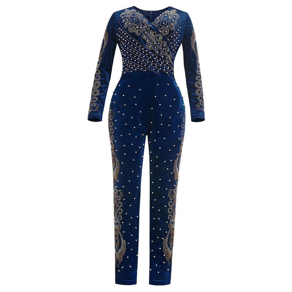 supply fall and winter new products heavy industry hot diamond beading   flannel long sleeves jumpsuit african women