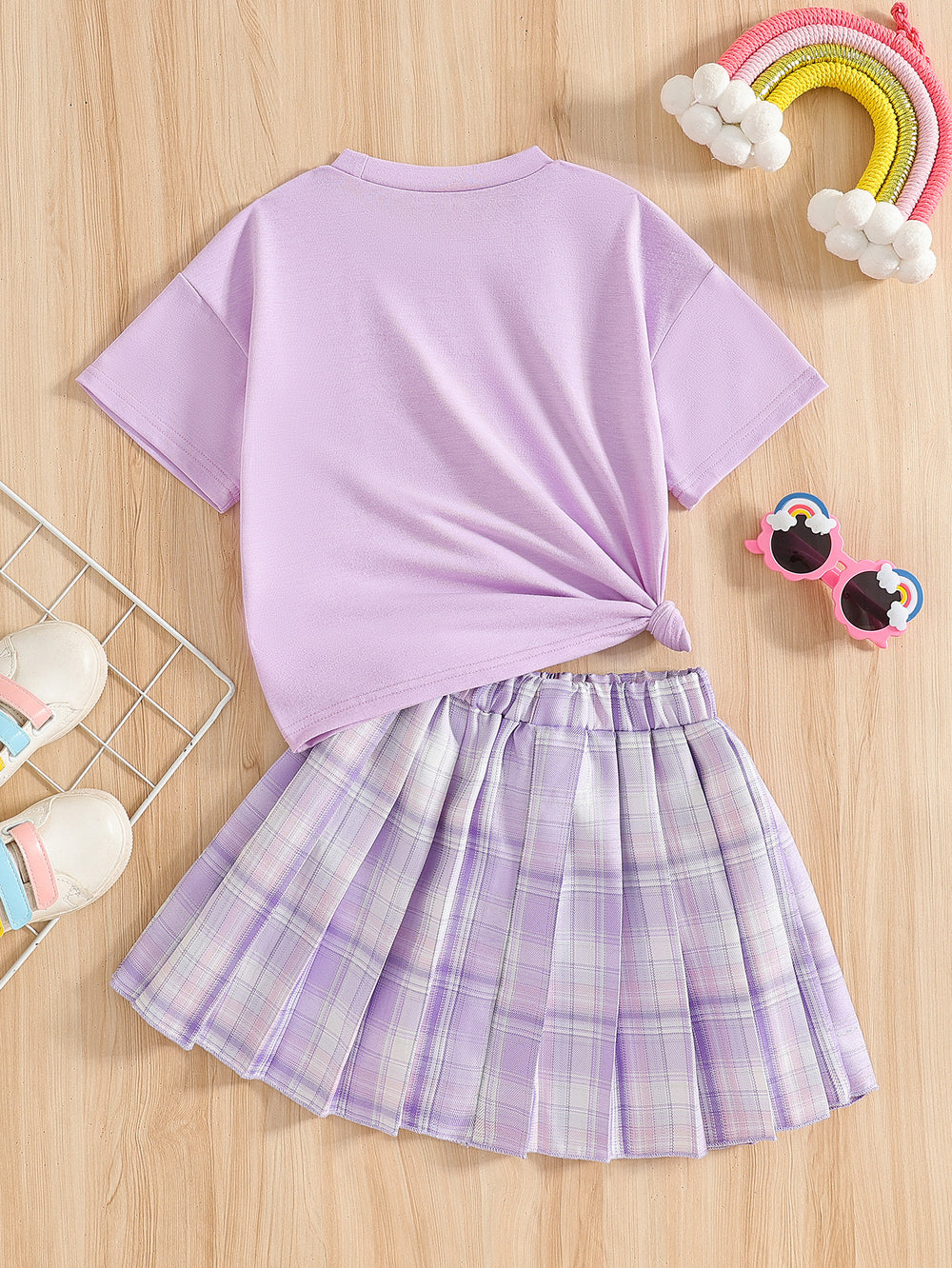 Girls' summer two-piece outfit: purple crewneck top with cartoon letter print and pleated plaid skirt set