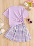 Girls' summer two-piece outfit: purple crewneck top with cartoon letter print and pleated plaid skirt set