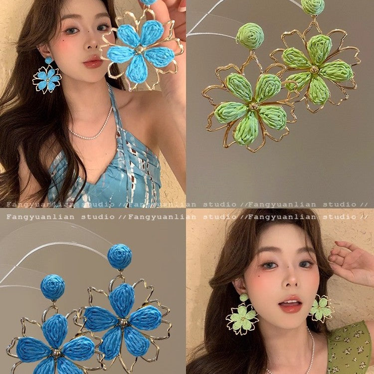 Vacation style braided sunflower earrings for women, high-end seaside photo flowers earrings, fashionelegant earrings and earrings