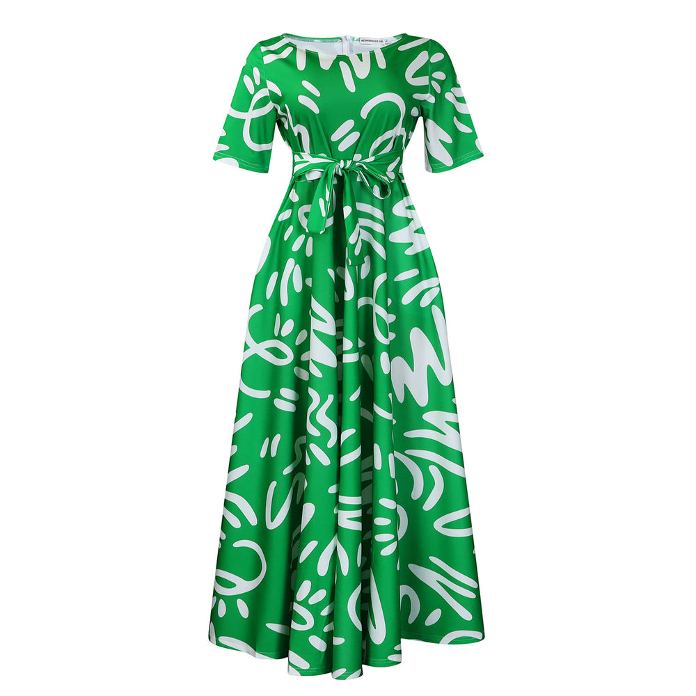 D3323 cross-border women's fashion  new arrival: elegant tie-waist african print short-sleeve maxi dress for export