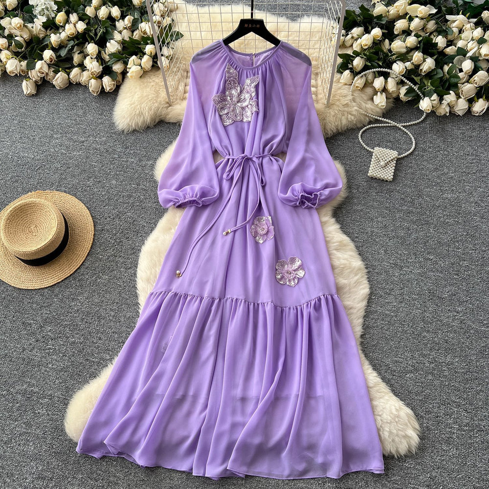 French chic embroidered sequin floral tie-waist lantern sleeve maxi dress - high-end women's fashion