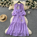 French chic embroidered sequin floral tie-waist lantern sleeve maxi dress - high-end women's fashion