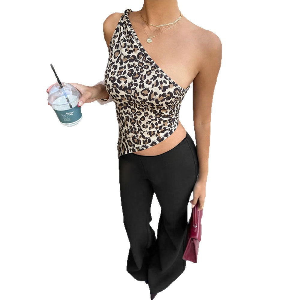 fashion leopard print one-shoulder slanted shoulder suspender women's asymmetrical hem silmslimming look hot girl style shorttops