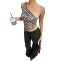 fashion leopard print one-shoulder slanted shoulder suspender women's asymmetrical hem silmslimming look hot girl style shorttops