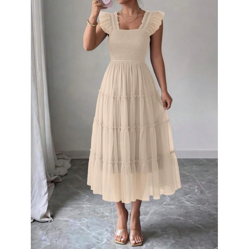 fashion  summer new arrival flying sleeve ruched ruffles vacation elegant mesh dress